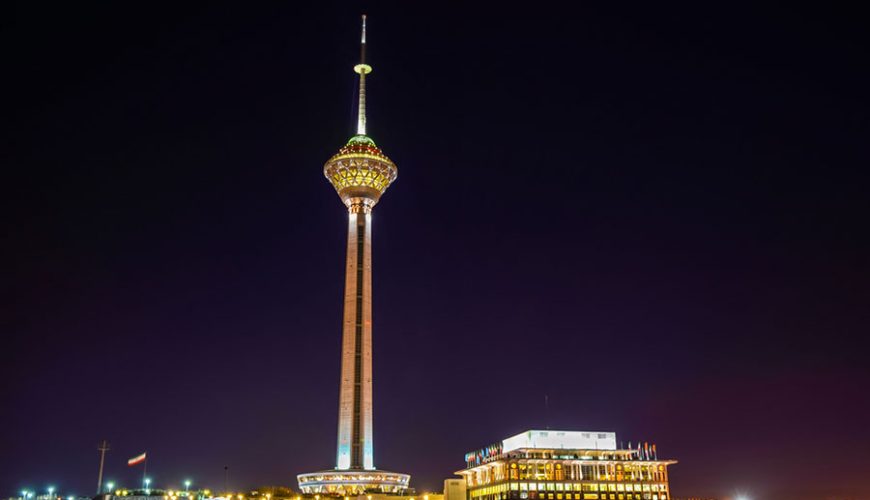 A night view of Tehran the capital of Iran containing Milad Tower, Iransense Travel Agency